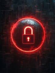 Poster - Internet data and security concept with bright digital lock sign in round sphere on abstract dark wallpaper with space for your logo. 3D rendering, mock up