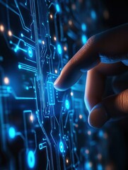 Poster - Male hand pointing at abstract blue AI chip on blurry background. Artificial intelligence, hardware, hud and innovation concept