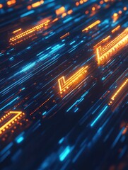 Poster - Panoramic glowing digital arrows on blue background with mock up place. Digital transformation, growth and data concept. Landing page. 3D Rendering