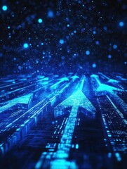 Poster - Panoramic glowing digital arrows on blue background with mock up place. Digital transformation, growth and data concept. Landing page. 3D Rendering