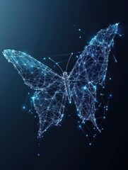 Poster - Polygon butterfly on blockchain technology network hud background. Abstract polygonal geometric butterfly consisting of points, lines and shapes. Wireframe technology structure. Low poly vector desig