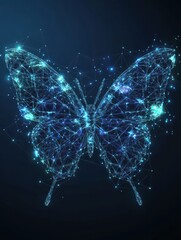 Poster - Polygon butterfly on blockchain technology network hud background. Abstract polygonal geometric butterfly consisting of points, lines and shapes. Wireframe technology structure. Low poly vector desig
