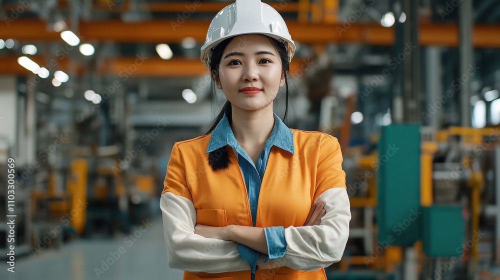 Confident Female Engineer in Safety Gear at Industrial Facility