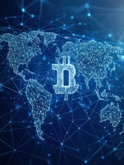 Poster - Polygon world map with blockchain technology peer to peer network on blue background. Network, p2p business, e-commerce, bitcoin trading and global cryptocurrency blockchain business banner concept.