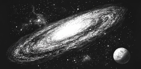 Wall Mural - In a stippling style with a retro dotwork aesthetic, this deep space scene includes a spiral galaxy, glowing nebula, and stars. The illustration is a panorama with modern touches, utilizing noisy,