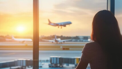 Aufkleber - Silhouette of young woman looking at airplane taking off at sunset from airport window, enjoying the view of the runway and the beautiful sky
