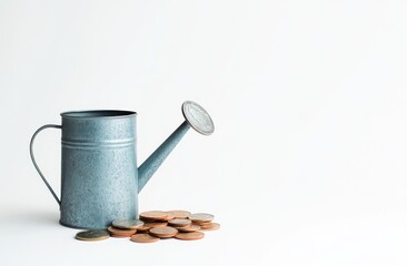 Poster - Vintage Metal Watering Can Next to a Pile of Coins on a White Background Symbolizing Growth and Investment in Financial Gardening Concepts