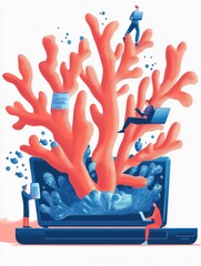 Poster - Tiny people with laptop and financial digital transformation. Open banking platform, online banking system, finance digital transformation concept. Living coral bluevector isolated illustration