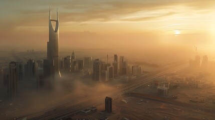 Wall Mural - A stunning skyline view at sunset, featuring modern skyscrapers shrouded in mist and surrounded by desert landscapes.