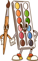 Poster - Groovy paint palette and brush school education and stationery characters. Cartoon vector retro art tool personages ready for creative adventures. Isolated vibrant and expressive artist equipment