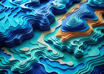 Poster - Aerial Photography of Art Paper Cut Topographic Map in Blue Tones with Modern Origami Design for Creative Projects and Illustrations