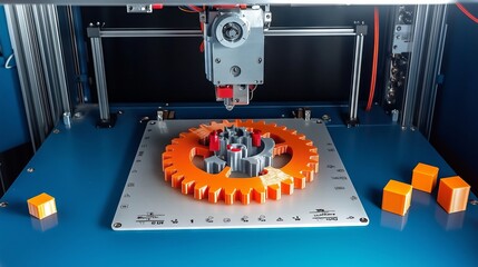 Poster - 3d printer creating orange plastic gear and cubes