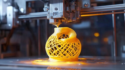 Poster - 3d printer creating intricate yellow vase, automatic manufacturing process