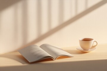 Aufkleber - A book is open on a table next to a cup of tea
