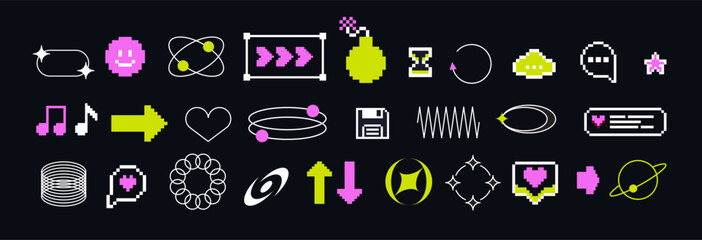 Fototapete - Pixels and geometric line elements set. Y2k trendy stickers. Mood of 90's aesthetics. 8-bit retro style vector illustration. Blue background. Simple geometric form, arrow, symbol, icon