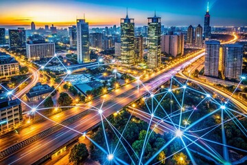Aufkleber - Aerial View of a Digital City with Data Streams, Drones, and 3D Renderings Illustrating the Movement and Connectivity of Big Data in Urban Environments