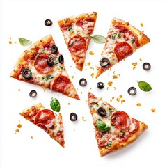 Wall Mural - Six slices of pizza with pepperoni, olives, and herbs arranged artistically on a white background