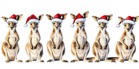 Canvas Print - Adorable watercolor illustration of eight kangaroos wearing Santa hats, celebrating Christmas with joy and festive spirit.