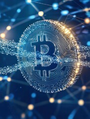 Poster - Blockchain technology futuristic hud background with world globe and blockchain polygon peer to peer network. Global cryptocurrency fintech business banner concept.