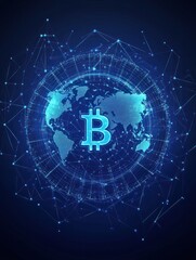 Poster - Blockchain technology futuristic hud background with world globe and blockchain polygon peer to peer network. Global cryptocurrency fintech business banner concept. Low poly design. Horizontal layout