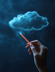 Poster - Close up of businesswoman hand using digital pencil hologram to draw cloud computing on dark blue background. Digital transformation concept