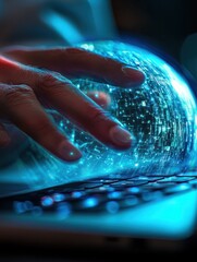 Poster - Close up of businessman hand using laptop computer keyboard with reative glowing blue globe metaverse on blurry background. Augmented reality and future concept. Double exposure