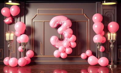 Pink balloon number 3 birthday celebration party decor birthday backdrop party anniversary banner design 