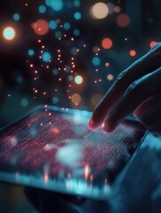 Poster - Close up of doctor hand using tablet with glowing medical hologram. Healthcare and digital transformation concept. Blurry background