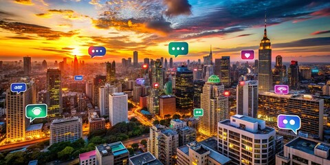Poster - Aerial View of a Vibrant Cityscape with Speech Bubbles Representing AI Human Communication and Connectivity in Modern Society