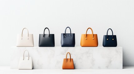 Sticker - Collection of stylish handbags displayed on a marble stand against a plain background, featuring various colors including white, black, navy, and orange, with minimalistic design.