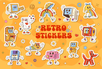 Poster - Retro groovy hippie stickers pack of cartoon psychedelic rainbow, play cards and vomiting emoji characters. Vector vintage groovy computer, game console, tv and radio, arcade game machine and sneakers