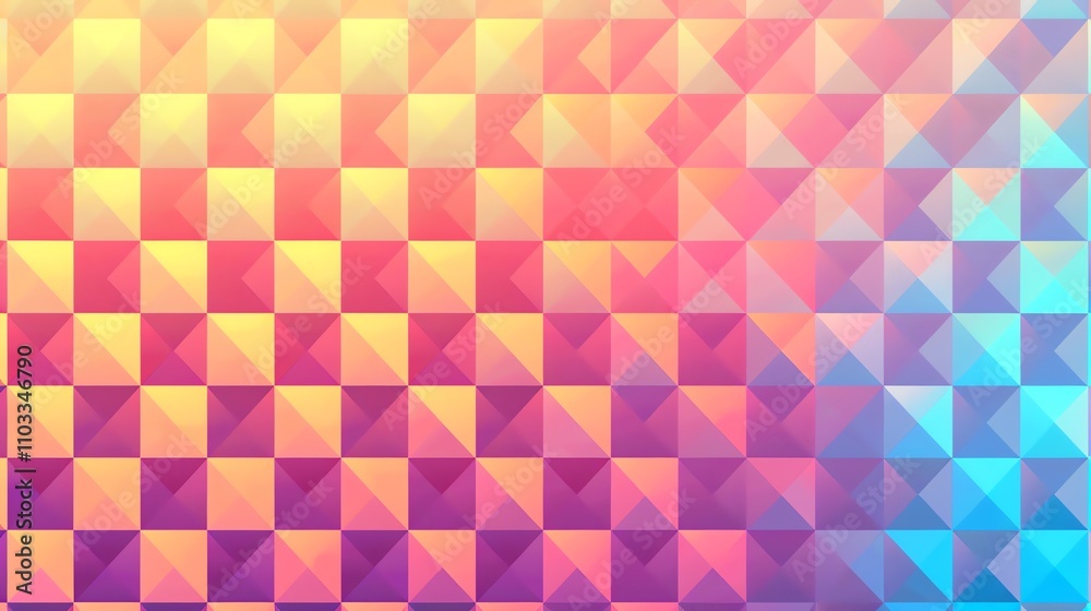 A colorful geometric pattern of squares, with shades of pink, yellow, blue and orange.
