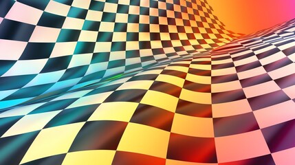A checkered pattern in black and white with a colorful gradient overlay.