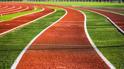 A close-up view of a running track with red lanes and green grass, designed for athletics and sports activities.