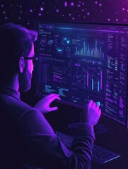 Poster - Software Engineer, Statistician, Visualizer and Analyst working on a project. Big data conference, big data presentation, data science concept. Website vibrant violet landing web page template.