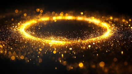 Poster - On a black background, a golden bokeh circle with sparkling light. An abstract golden ring glows with a flare frame. A neon yellow bling line texture displays a magical glossy swirl and a blurred