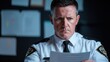 © nimaxs - A serious police officer examines a document, reflecting a moment of contemplation in a dimly lit office with papers in the background.