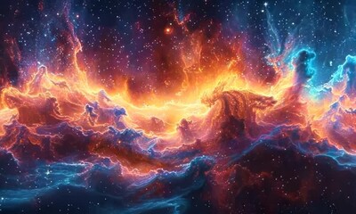 Poster - abstract art inspired by outer space, with swirling galaxies and vivid colors, evoking the mysteries