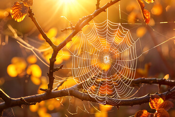 Spider web in autumn, golden hour, backlight, brown-orange color, and sunrise in the forest background