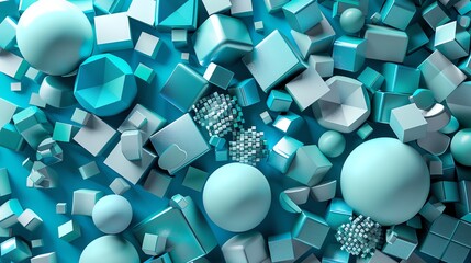 Poster - Abstract background of blue geometric shapes and spheres.
