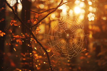 Spider web in autumn, golden hour, backlight, brown-orange color, and sunrise in the forest background