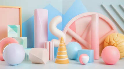 Canvas Print - a 3d rendering of colorful geometric shapes in a pastel color scheme.