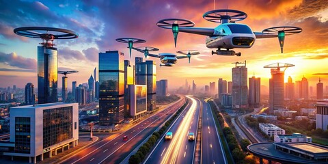 Aufkleber - A Futuristic View of Modern Logistics and Transportation in a Cityscape with Advanced Delivery Drones, Automated Vehicles, and Smart Infrastructure Enhancing Urban Mobility