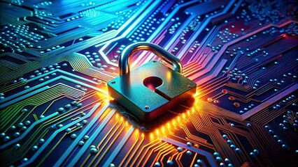 Poster - A Glowing Padlock on a Circuit Board Symbolizing Digital Security and Protection in Modern Technology Environments