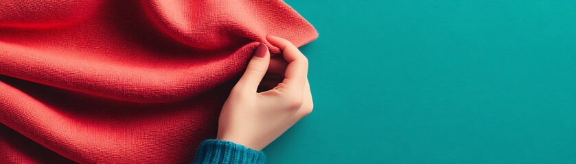 Woman's hand touching red fabric.