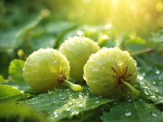 Wall Mural - Fresh amla fruits glistening with dew, lying on a bed of green grass in a serene garden.