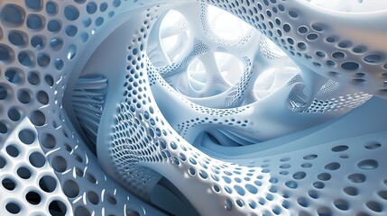 Poster - A 3D illustration of an abstract,  geometric,  organic looking structure with a white, grey and blue color scheme.