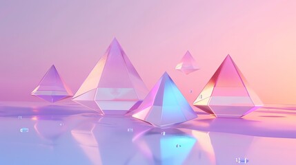 Poster - A digital art piece with colorful iridescent pyramids floating above a reflective surface.