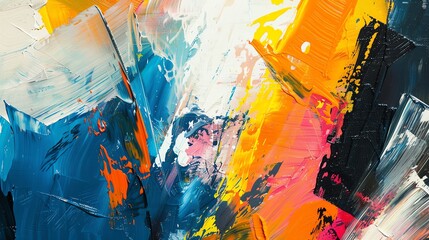Poster - Abstract painting in shades of blue, orange, yellow, and pink.