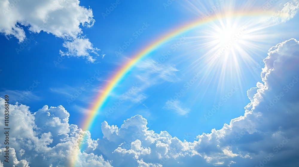Beautiful vibrant double rainbow stretching across clear blue sky with ...
